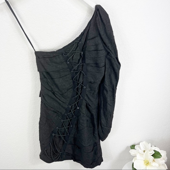 Camilla and Marc Gray One Shoulder Dress Cocktail Mini Lace Up Back US 4 - Picture 4 of 5
